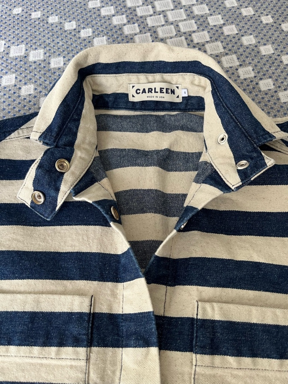 Carleen Navy and Cream Striped Button-Down Shirt Jacket - Picture 2 of 8